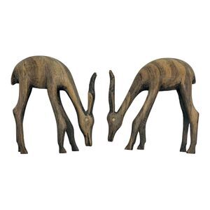 Set Of 2 Vintage Ash Drift Wood Hand Carved Deer Figurine Mid-Century Pair Gray